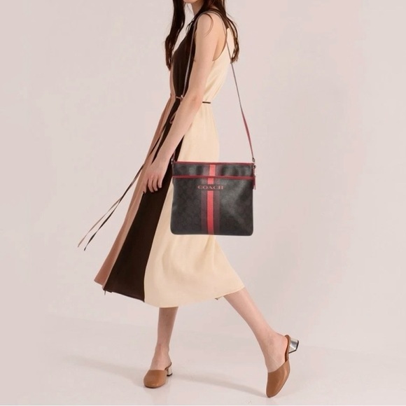 Coach Signature Coated Canvas Dark Brown and Red Crossbody Bag - Picture 1 of 16